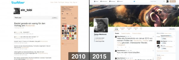 Screenshot von der Twitter-Profilseite aus 2010 und 2015.