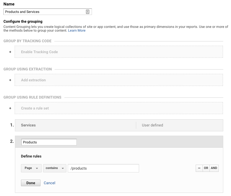 View of the screen for the configuration of content groupings