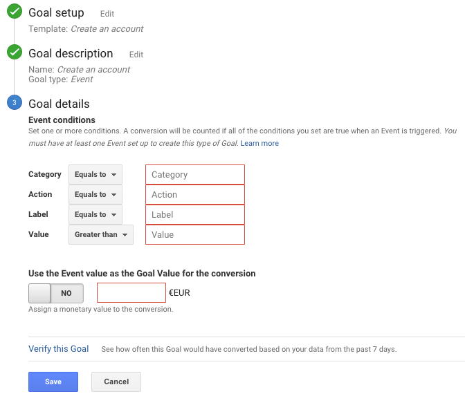 Screen showing how to set up the goal details when you're using the event condition in content groupings set-up