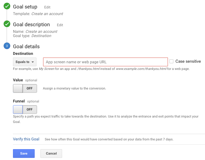 Screen showing how to set up the goal details when you're using the destination in content groupings set-up